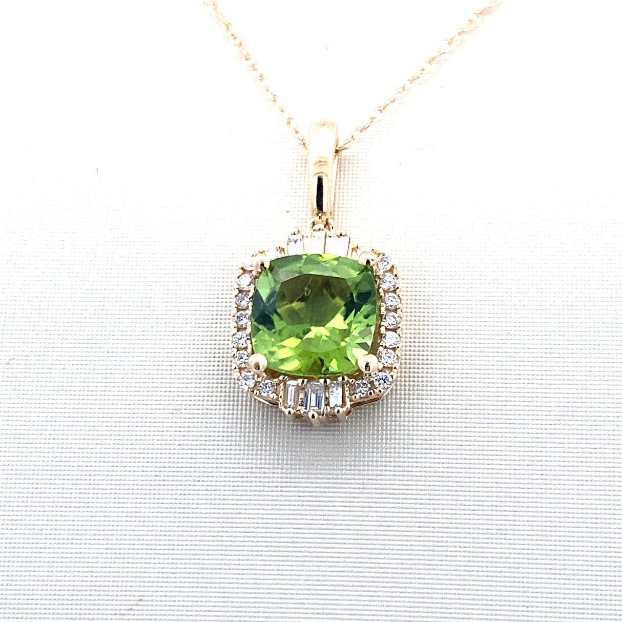 14YG Cushion Peridot Diamond Halo Pendant