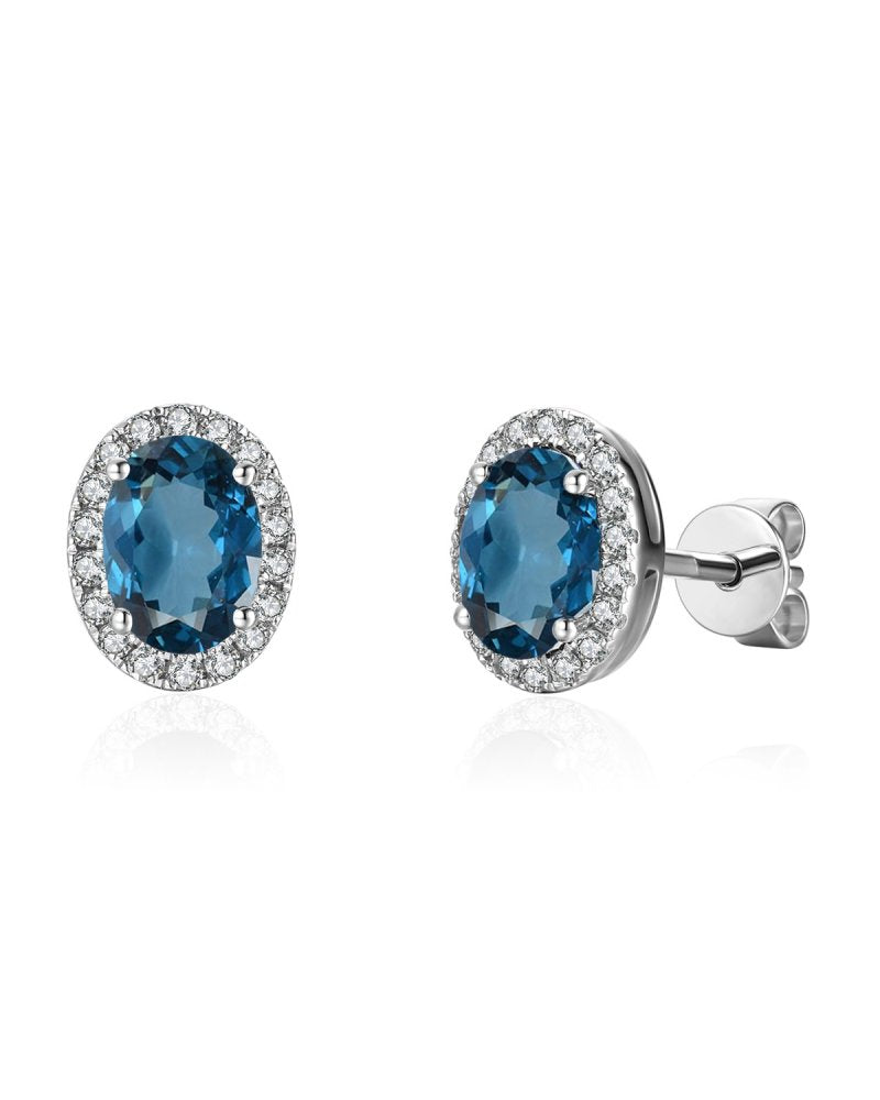 Diasun Blue Topaz Diamond Halo Earrings