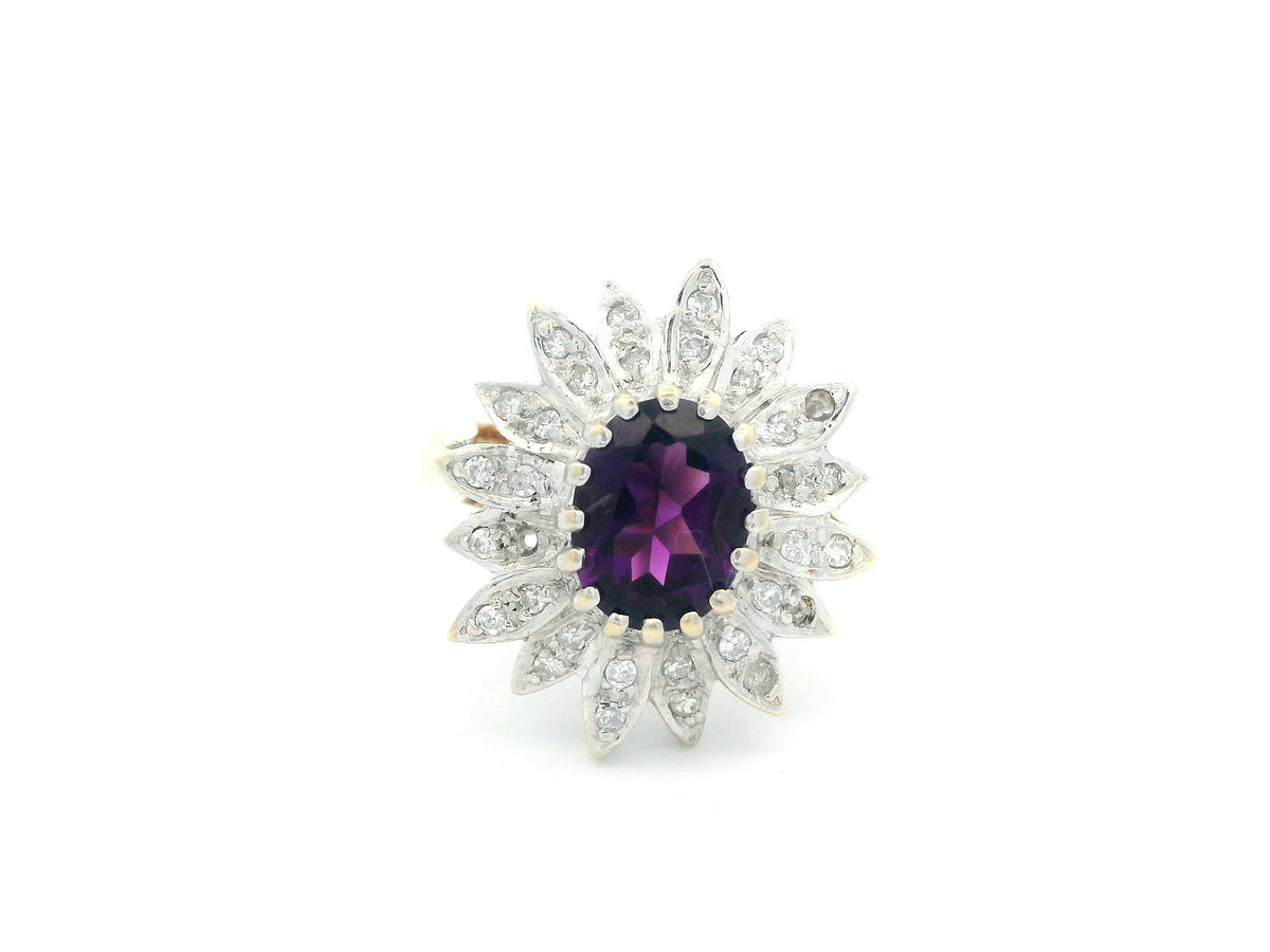 Estate Diamond Flower and Amethyst Ring