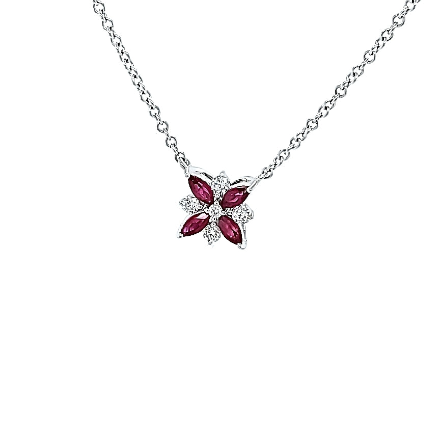 White Gold Ruby and Diamond Flower Pendant