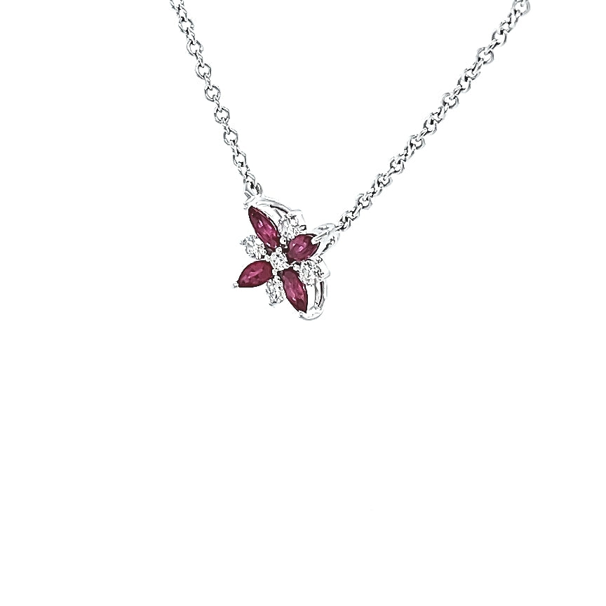 White Gold Ruby and Diamond Flower Pendant