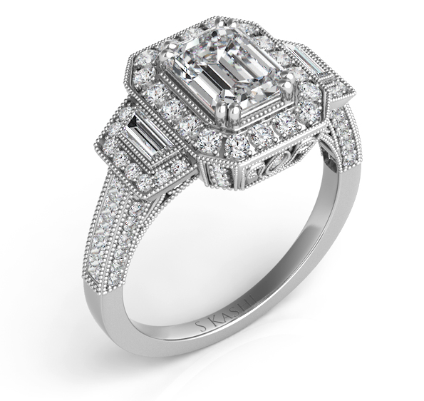 S.Kashi Three Stone Diamond Halo Engagement Ring